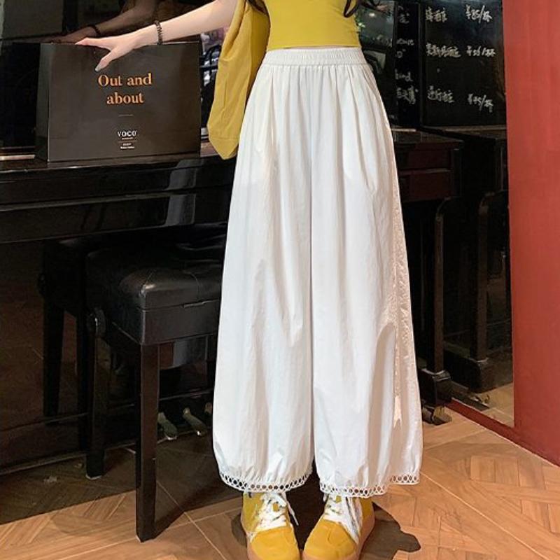 Women's Summer 9/10 Length White Lantern Pants | Hollow-Out Lace Wide-Leg Balloon & Bud Pants