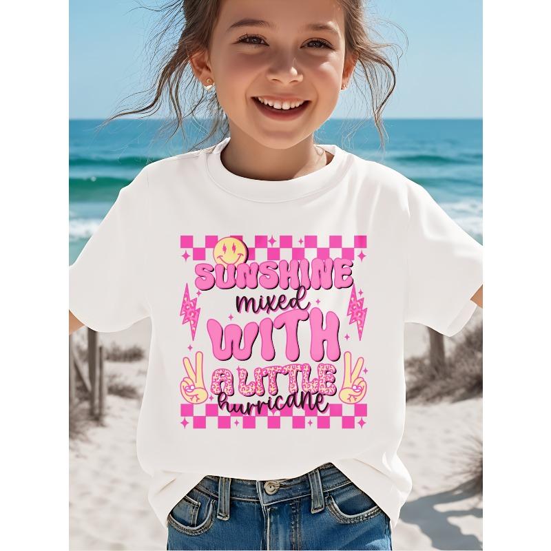 European sizes Girls' SUNSHINE MIXED WITH A LITTLE HURRICANE Cute Round Face Hand Sign Print Sweet Creative Girls' Short Sleeve T-Shirt