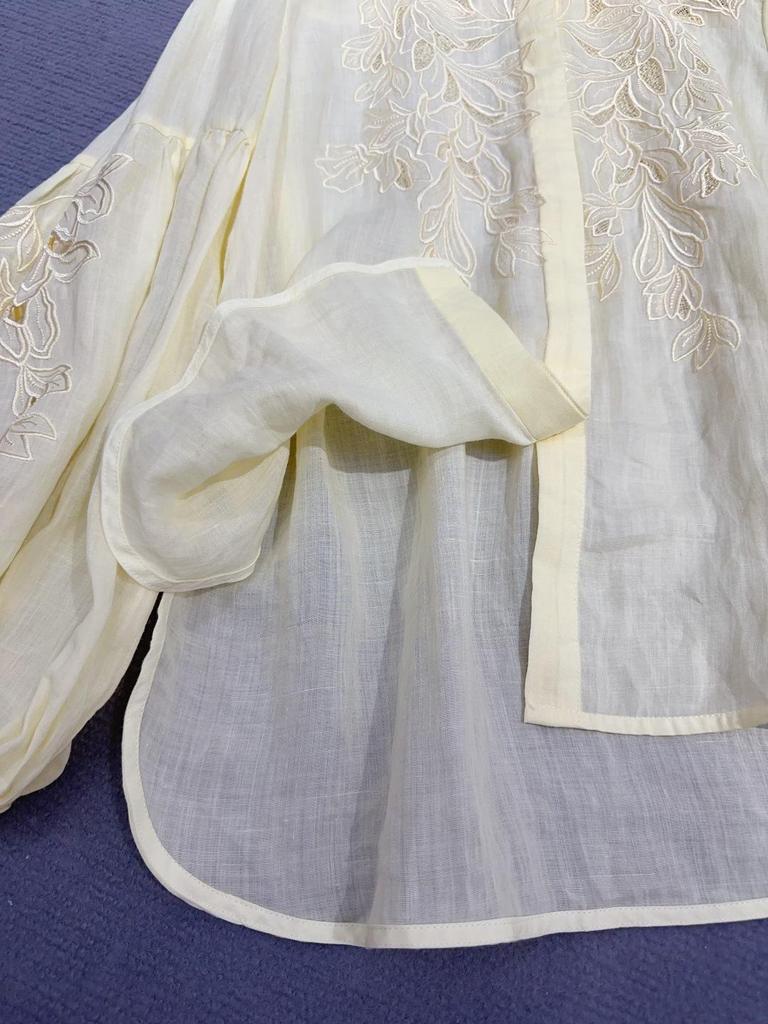 Spring 2026 French Embroidery Linen Shirt with Lantern Sleeves - Casual Vacation Style