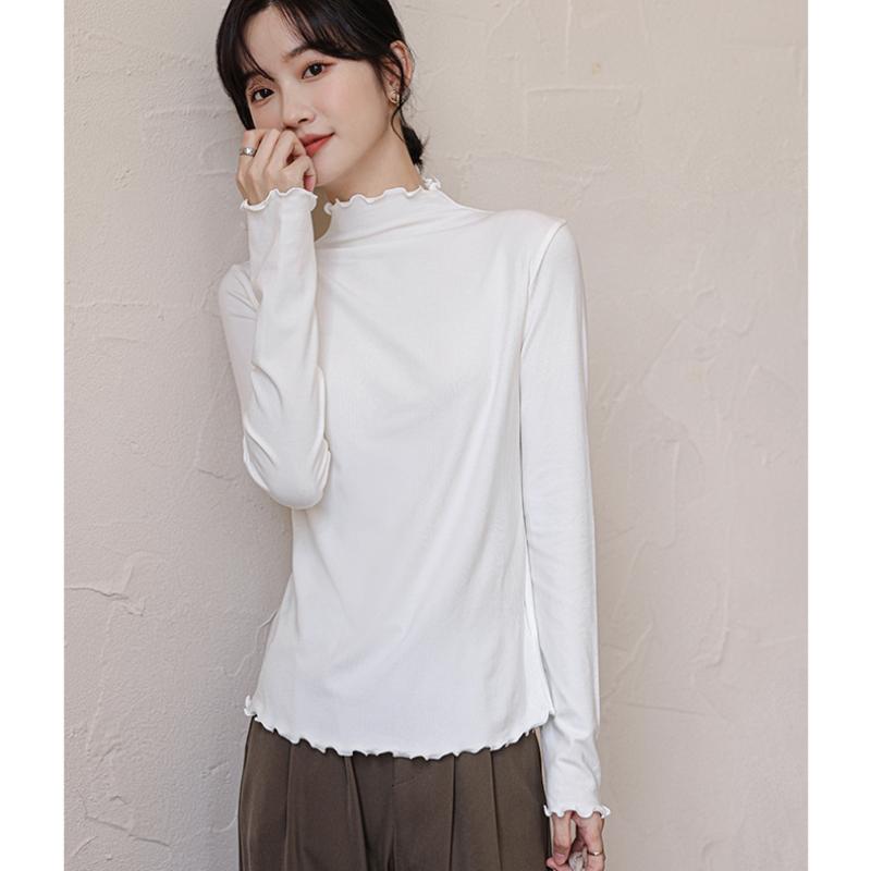 Tricou de bază cu guler înalt pe jumătate cu bordură ondulată Femei Primăvară Toamnă Modal Slim Fit Mânecă Lungă Tricou Dama Topuri Casual Elegante Femeie Tricouri Albe 25424