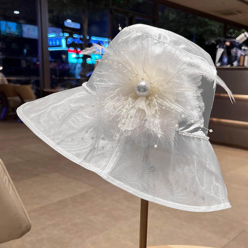 Satin polyester organza flower bucket hat women's summer breathable advanced elegant sunshade basin hat shows small face sunscreen