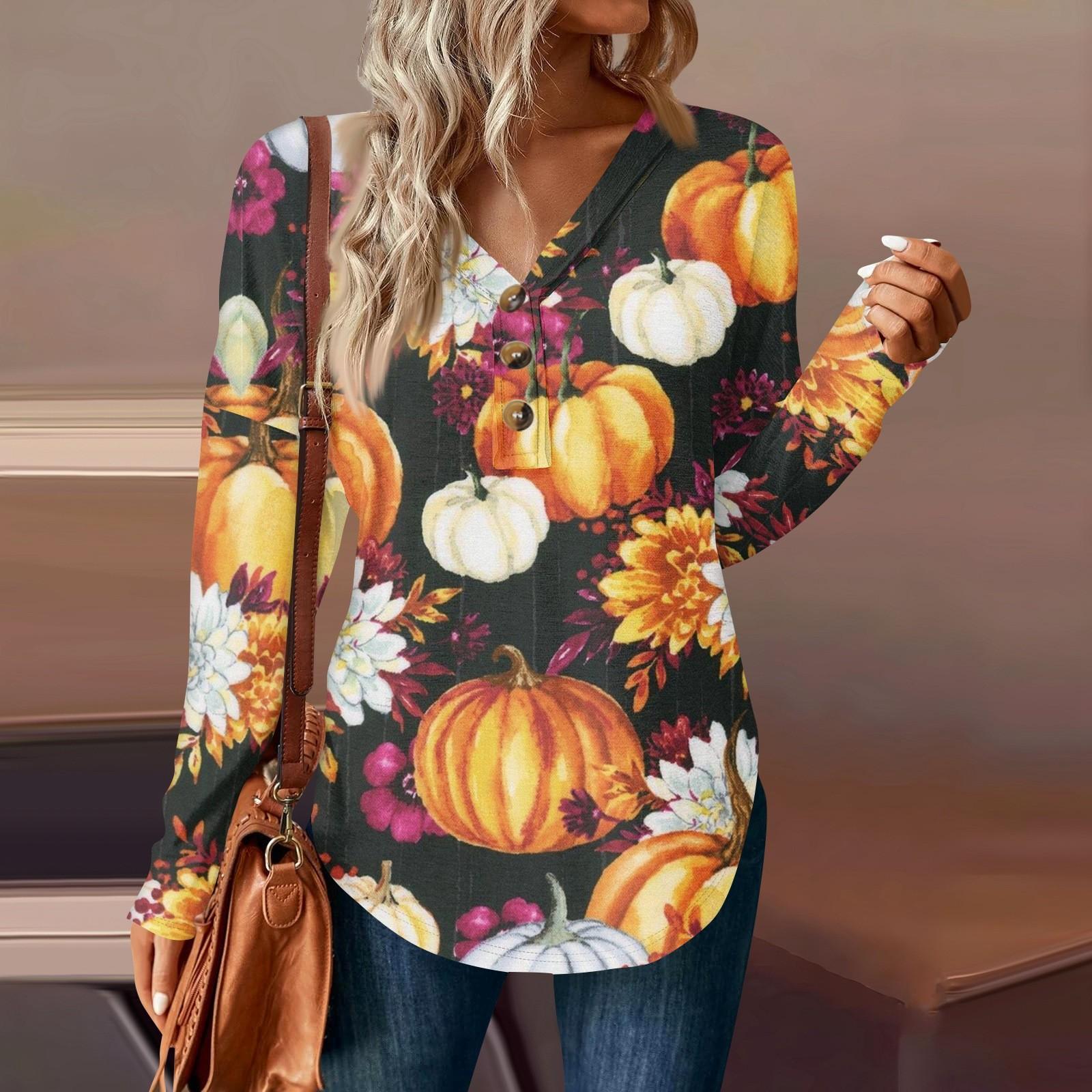 

Женский повседневный пуловер с V-образным вырезом и принтом на пуговицах на Хэллоуин XL шафрановый