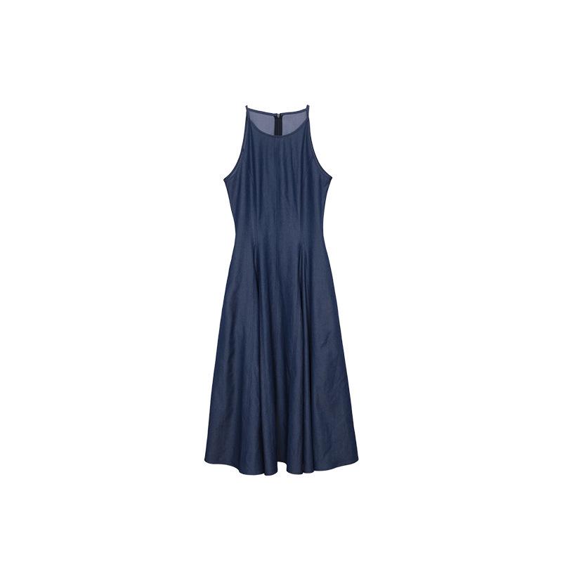 Washed Denim Waist-Defining Big Swing Long Sundress