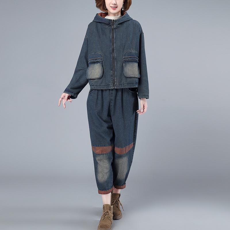 Costum de blugi gros pentru femei 2024: Modă Toamnă/Iarnă, Set Elegant Casual din Două Piese pentru Mame de Vârstă Mijlocie și Vârstnice