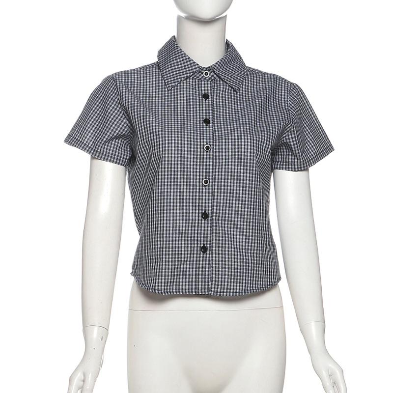 Summer new women s clothing Spice Girls fashion plaid print lapel single-breasted slim-fitting waist top women S