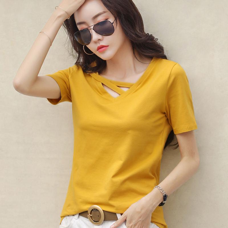 

Женская летняя белая футболка с короткими рукавами, женская свободная корейская версия с v-образным вырезом, трендовая повседневная рубашка InsT. XXXL жёлтый