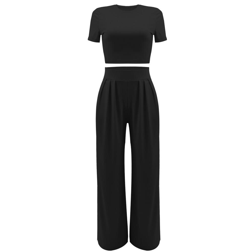 Crop Top & High Waist Loose Straight Leg Pants Set – Solid Color