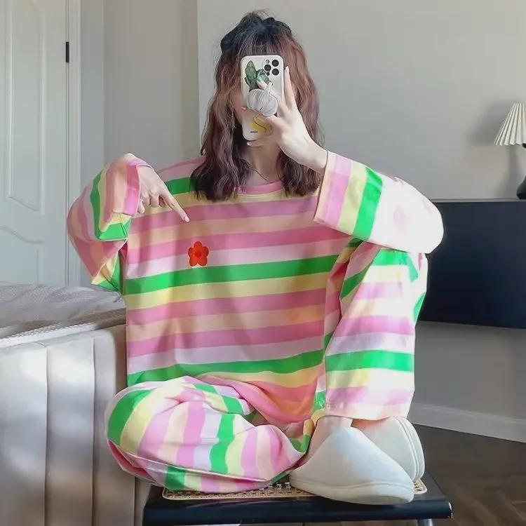 Women's Rainbow Striped Cartoon Pajama Set - Long-Sleeve Loose Fit for Spring/Fall