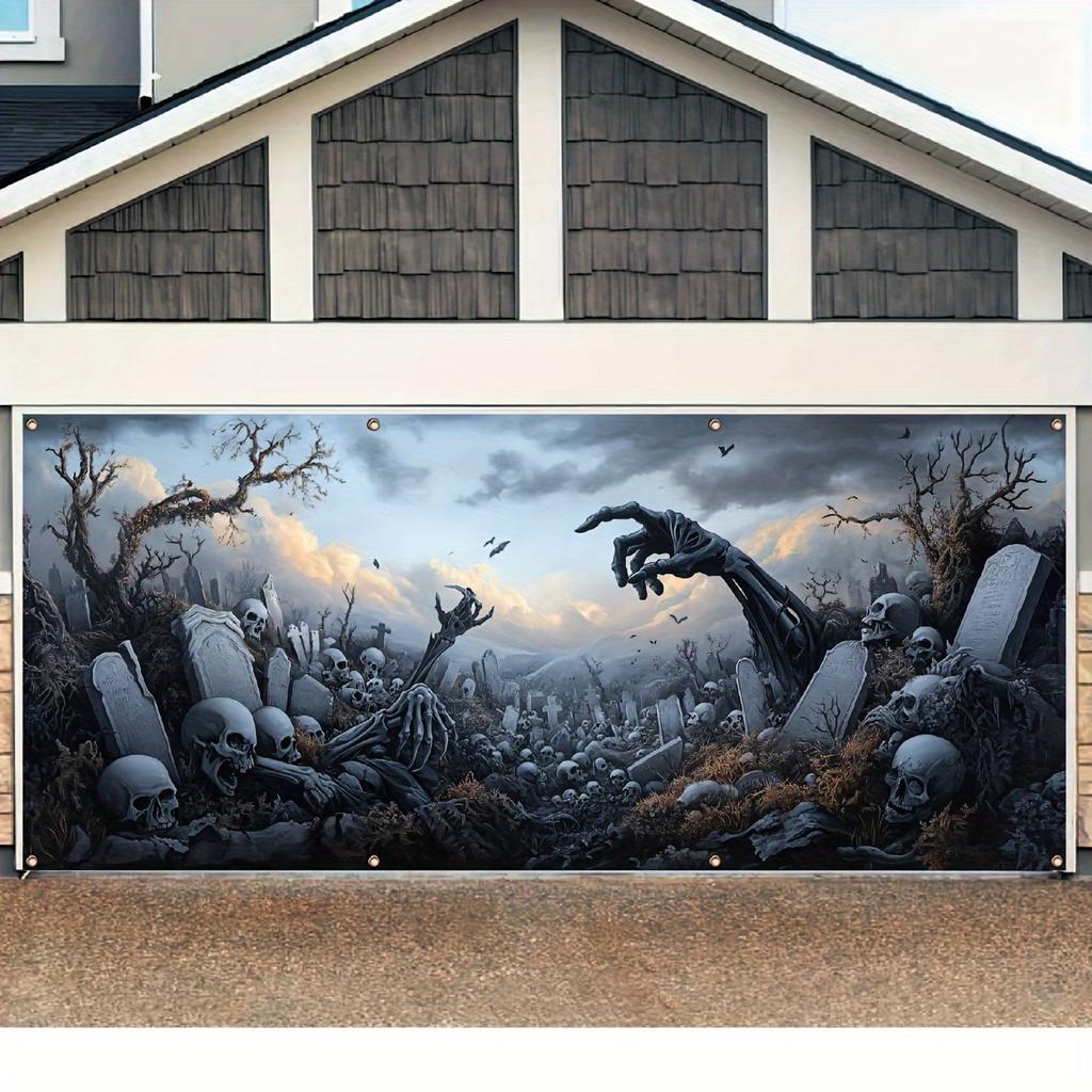 2D door cover 1 piece, Halloween garage door Decoration - Ghost graveyard and skeleton scene with bats, party background
