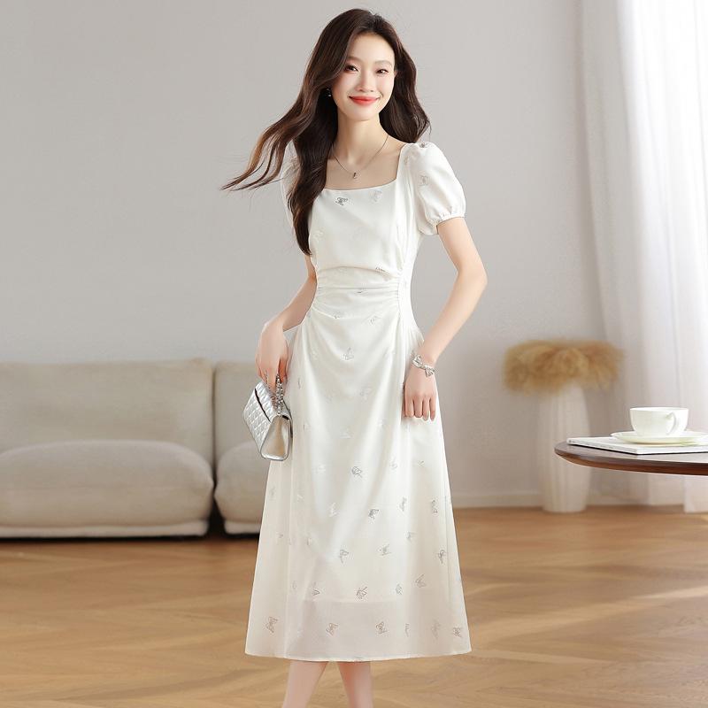Elegant French White Summer Dress - Designer Style, Slim Fit, Long Skirt