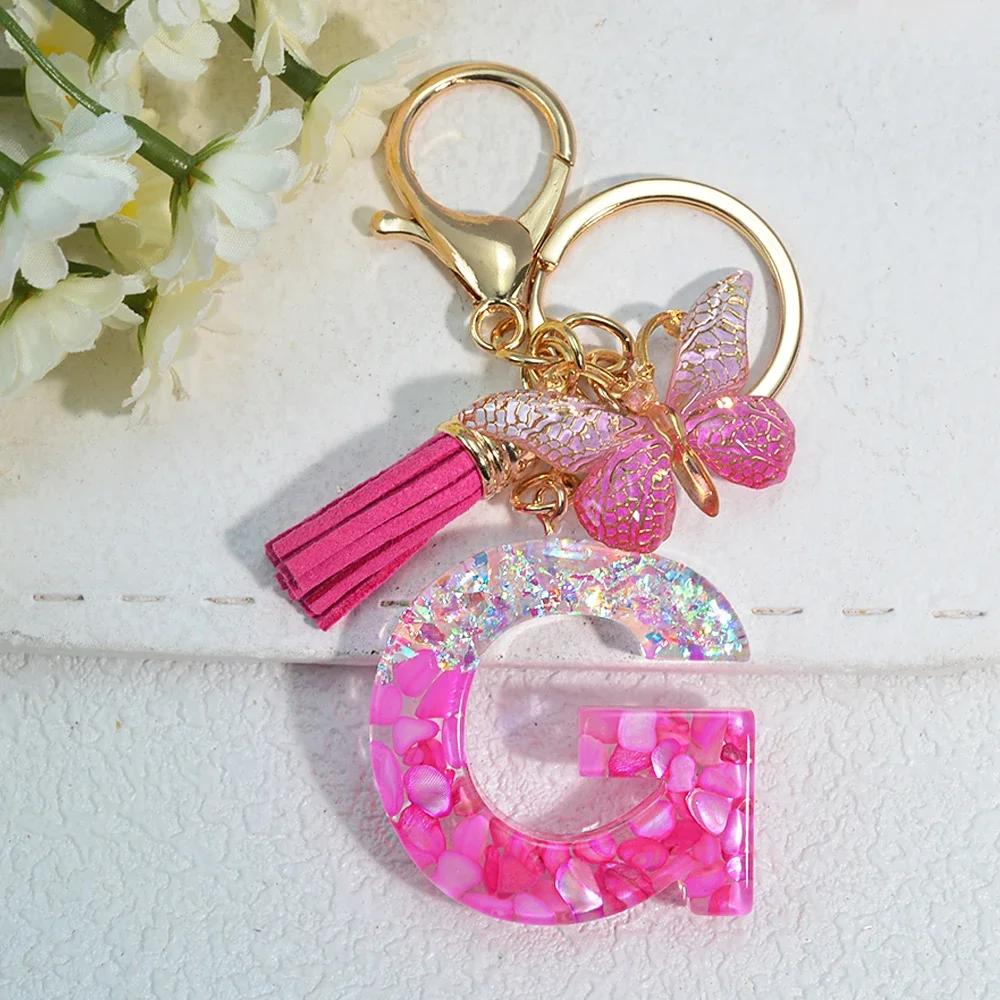 Gradient Pink Jewelry Letter Keyring Resin Letter Keychain with Fringe Butterfly DIY Bag Decoration Pendant Party Gift