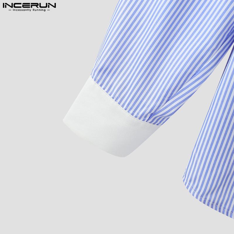 INCERUN Oversized Men Lace Patchwork Lapel Short Sleeve Striped Casual Loose Shirts