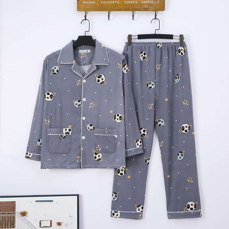 Men's Printed Long Sleeve Knit Cotton Pajama Set with Cardigan Lapel for Spring, Autumn, Winter