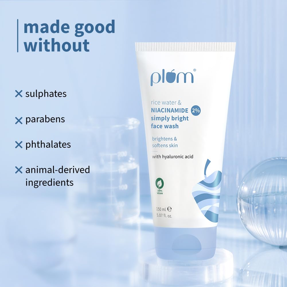 Plum Simply Bright 2% Niacinamide Face Wash with Rice Water for Gentle Daily Cleansing 150ml Pack of 1