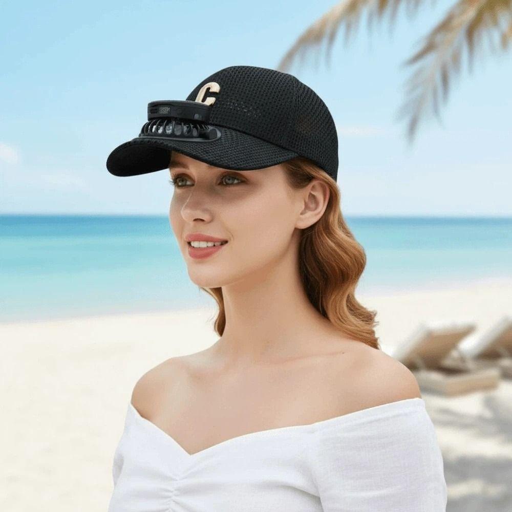 300mA Rechargeable Fan Hat Portable Cooling Mesh Peaked Cap Solar Powered Fan Baseball Cap Travel