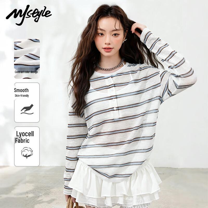 

MJ STYLE Women s Striped Henley Long Sleeve Blouse L