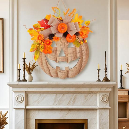 Decorazione Porta di Halloween per Portico Segno di Zucca in Legno con Luci LED, Ghirlanda Floreale Artificiale Ornamento Rustico da Fattoria Decorazioni Autunnali Finestra