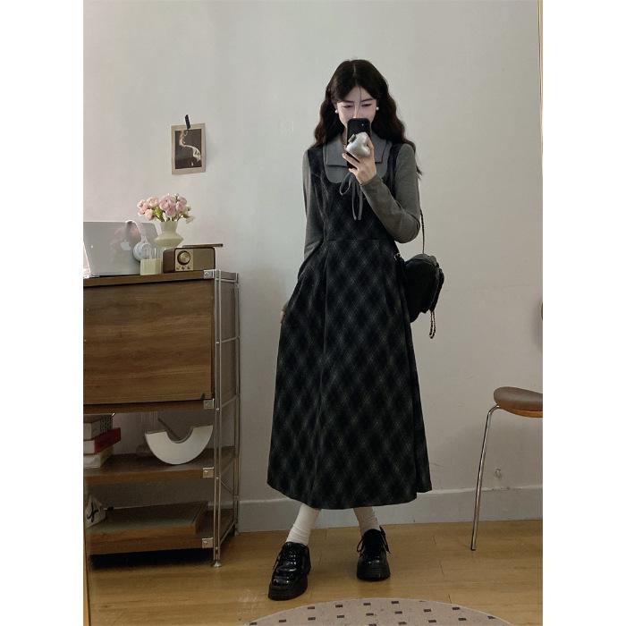 Plus Size Plaid Two-Piece Look Dress - Spring 2026 Slimming Long-Sleeved Waist-Cinched Skirt for Women