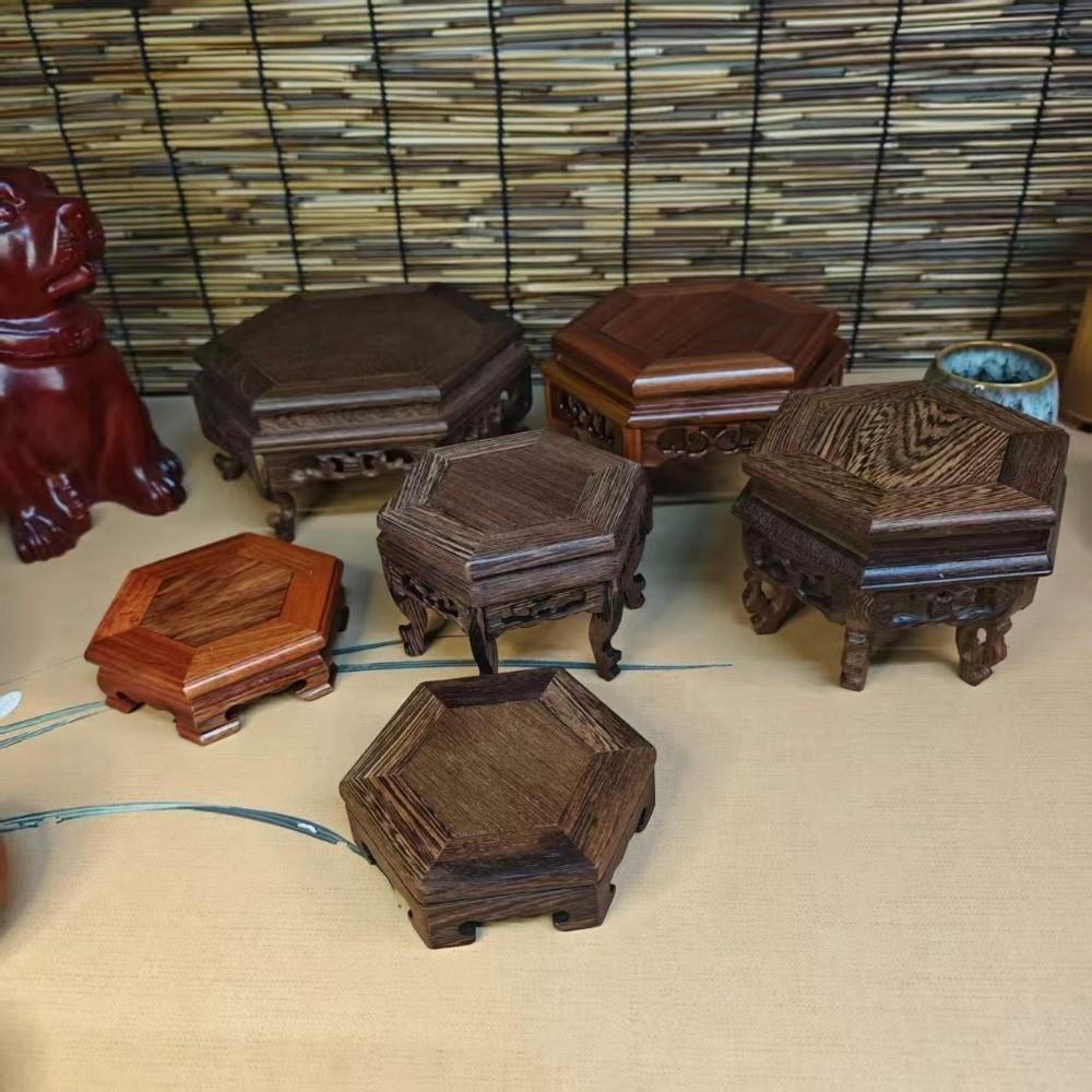 Hand Carved Hexagon Wood Base Teapot Stand Wooden Display Stand Display Base Rack Living Room