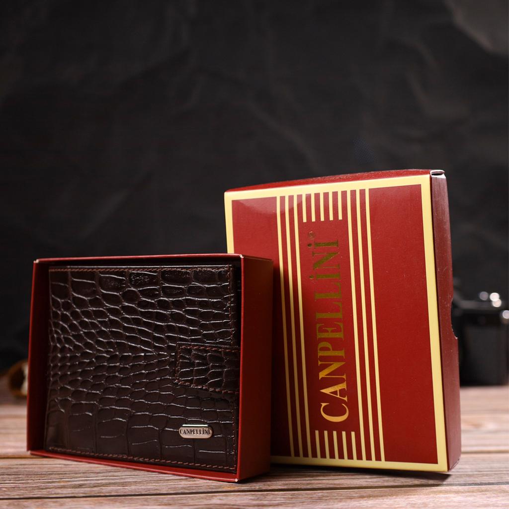 Capacious Men's Wallet Made of Genuine Textured Leather with Crocodile Embossing CANPELLINI 21788 Brown