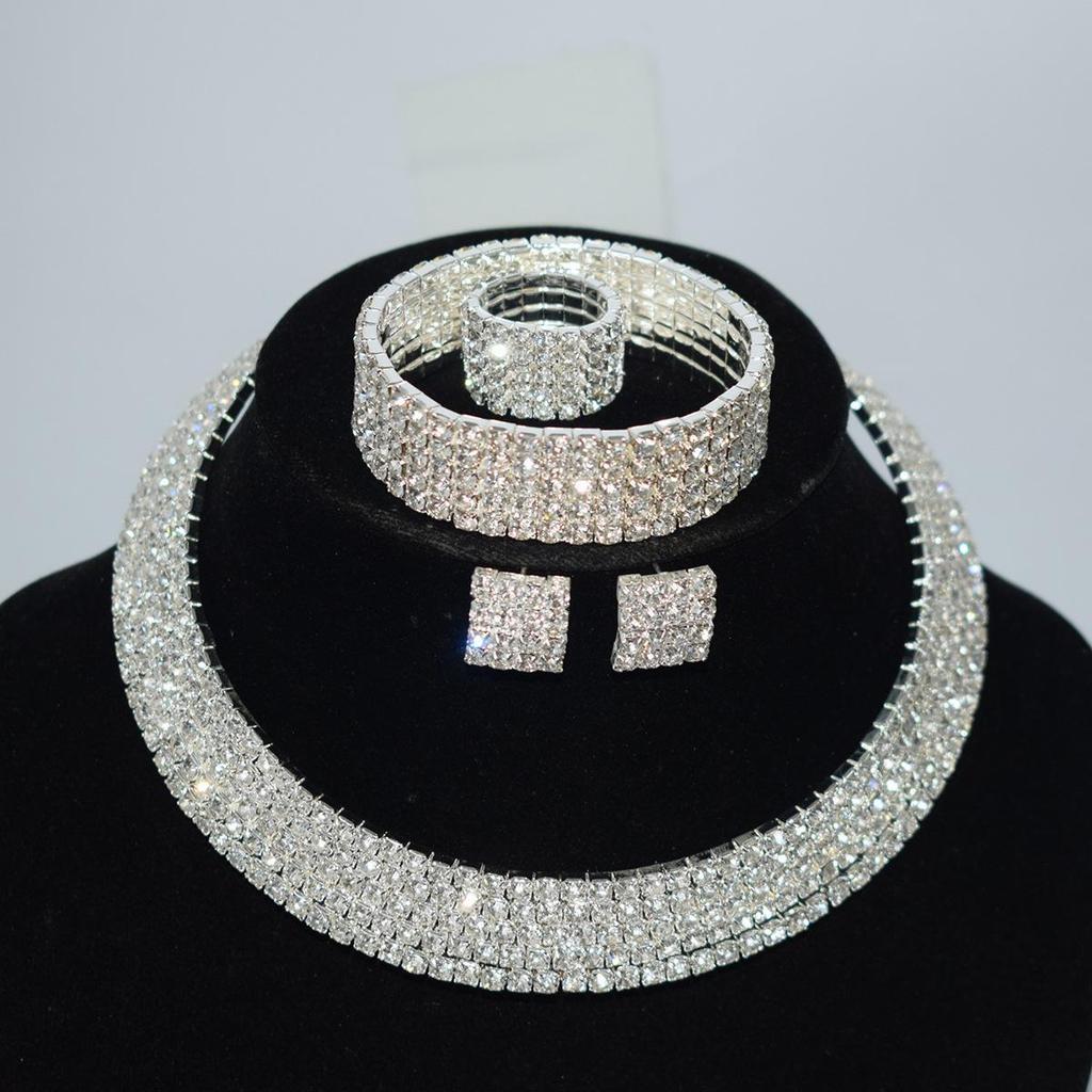 Gold & Silver Rhinestone Jewelry Set: Choker, Bracelet, Stud Earrings, & Necklace
