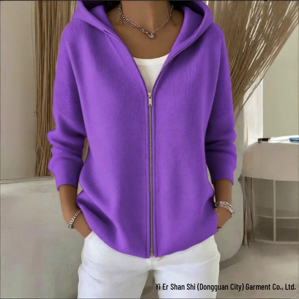 Autumn 2026 Hooded Zipper Knit Cardigan - European & American Style, Women's Loose Solid Color Long Sleeve Sweater