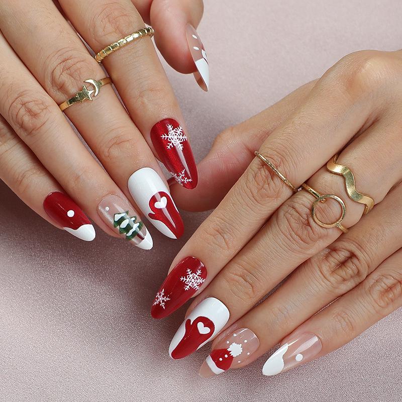 

24-Piece Set: Christmas Santa Heart Cat Eye Wearable Short False Nails