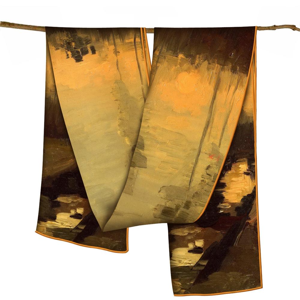 POBING Twill Silk Scarf Women Poncho Hand Rolled Luxury Oil Painting Long Scarves Wraps Bandana Big Shawl Hijabs Female Foulard