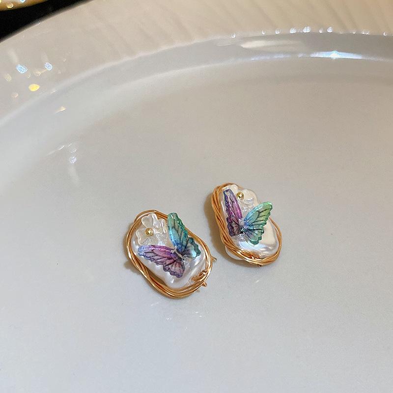 Pearl Earrings Set Butterfly Dangle Earrings for Women Metal Hollow Gold Plated Earring Cartoon Jewelry