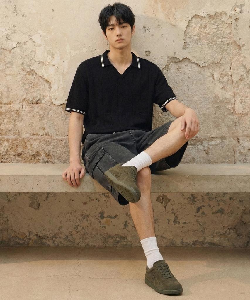 AGOD Bermuda Wide Single-Pleat Cargo Denim Shorts [Gray]