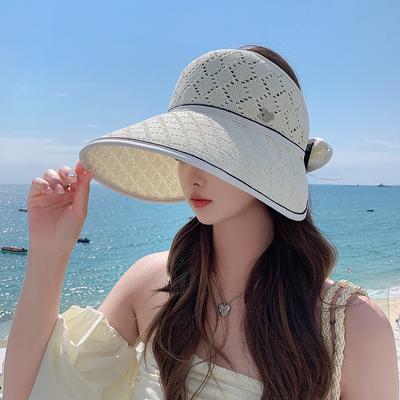 Womens Beach Straw Sun Visor Hat Ponytail Hole UV Protection Wide Brim Summer Cap Packable for Travel UPF 50+