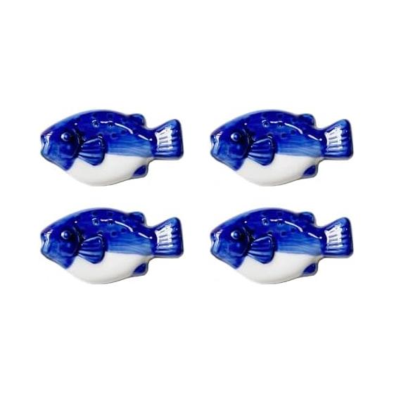 Chopstick Rests, Fish Design, Hand-Painted Ceramic, Cute Cutlery Holders, Set of 4 (Pufferfish), Blue