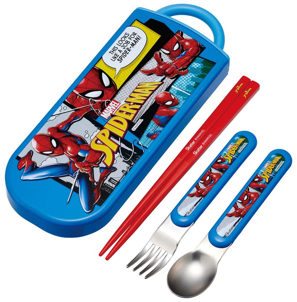 Skater Lunch Box Trio and Antibacterial Made in 25 Years TACC2AG Kids' Set, Chopsticks, Spoon, Fork, Cutlery, Easy-Open Slide-Open Design, Japan,