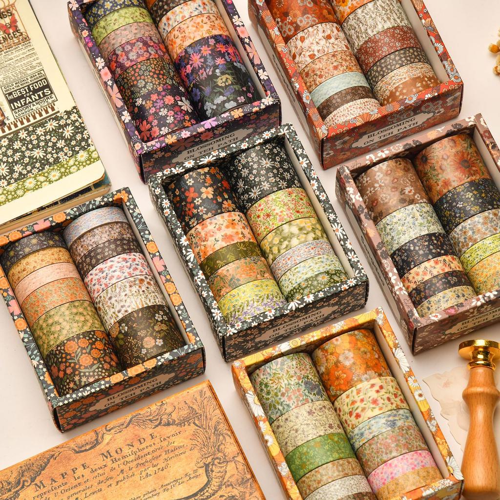 12 Rolls DIY Vintage Floral Colored Decorative Tape Set Masking Tape Notebook Diary Bullet Journaling Wrapping Supplies