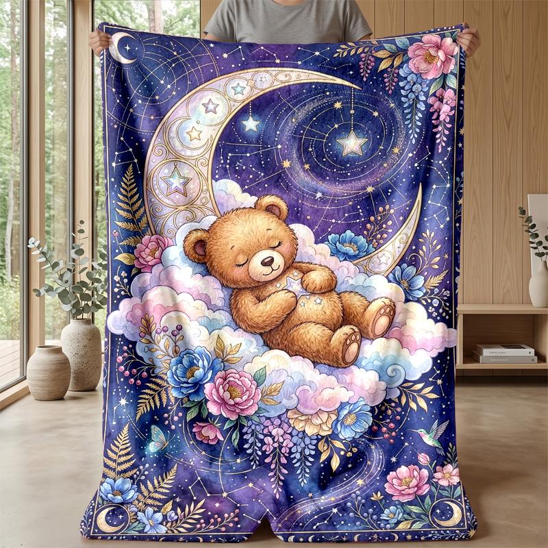 Teddybären mit Mond und Sternen Thema Decke Leichte Warme Flanelldecke Dekorative Überwurfdecke für Heimdekoration