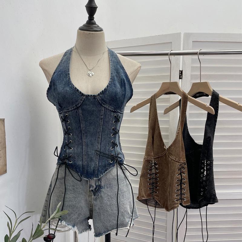 Denim Halter Crop Top: Punk Lace-up Sleeveless Slim Fit