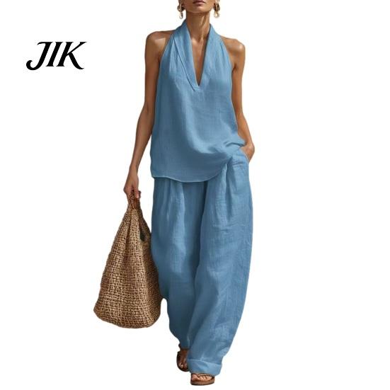 Modern Fashion Women Two Piece Cotton Linen Sets for Sleeveless V Neck Casual Formal Wear Halter Top Matching Wide Leg Pants Summer Vacation L