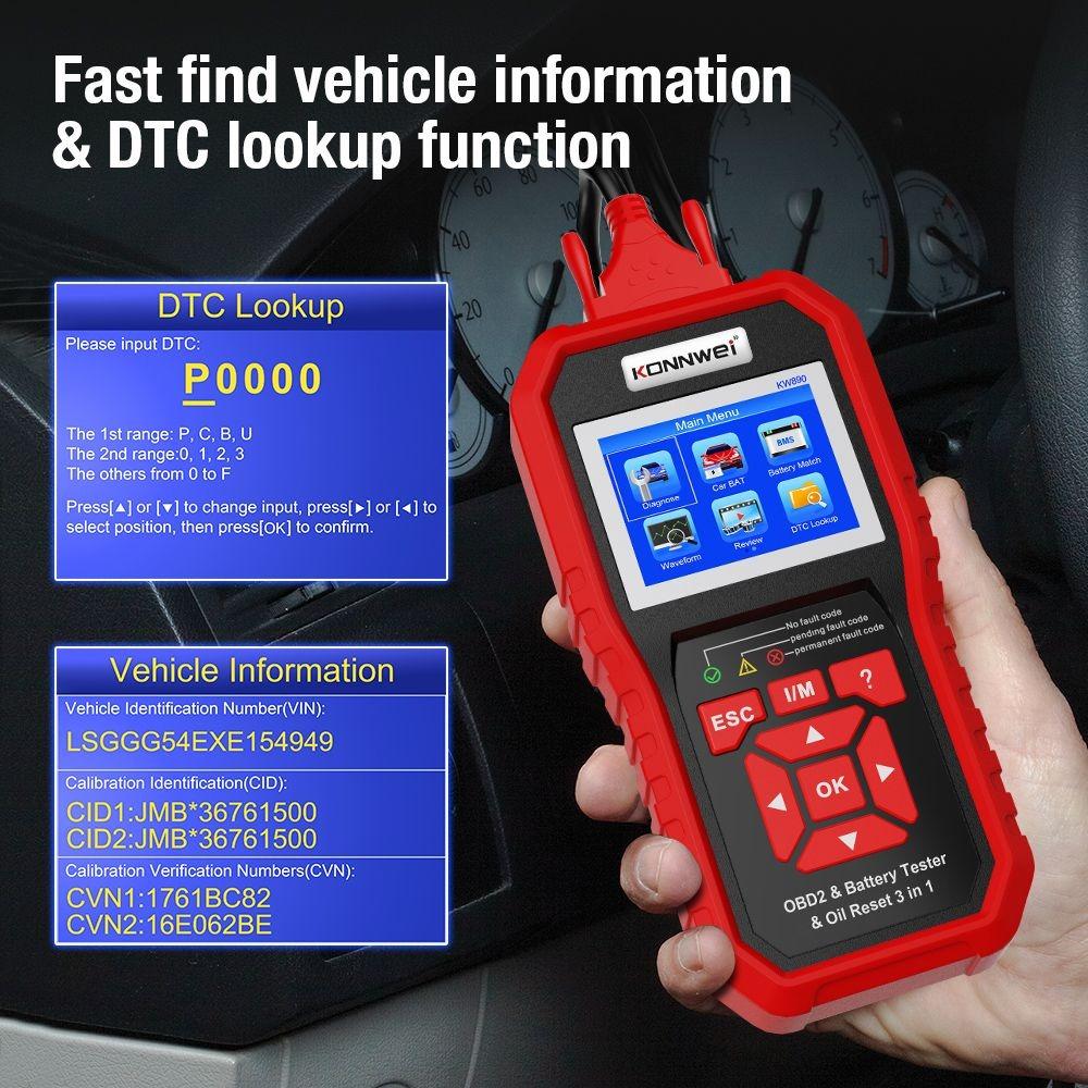 KONNWEI KW890 Öl-Reset-Batterietester OBD2-Diagnosescanner-Tool 3-in-1 EOBD-Motorprüfcodeleser-Diagnosetool