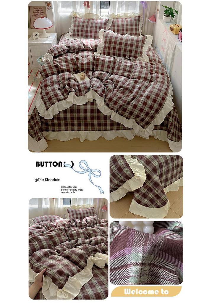 Princess Style Crinkled Gauze Lace Bedding Set - 4-Piece Washable Cotton Plaid Double Duvet Cover for All Seasons