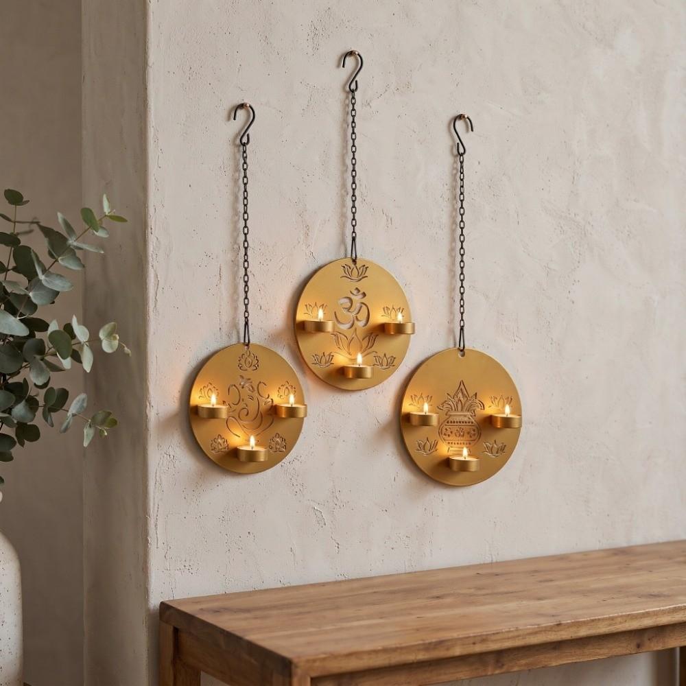 Iron Diwali Candle Holder Golden Finish Wall Candle Stand Candlestick Diwali Festival Decor