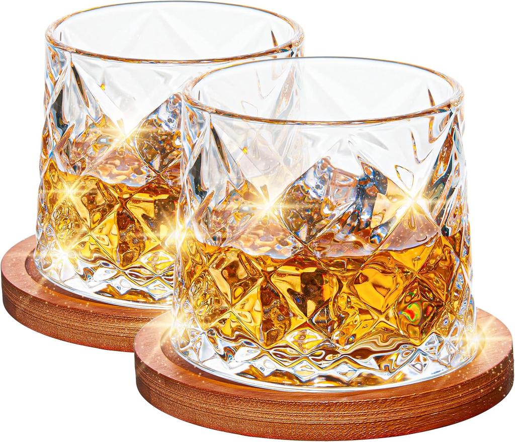 Crystal Whiskey Cup Set with Bamboo Coaster Gift Box Transparent  2 Pack 10 oz