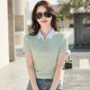 Ins Super Heiß Farbkontrast Baumwoll-Polokragen Hohe Taille Kurzer Stil Schlankmachende und Elastische Baumwollkleidung für Frauen