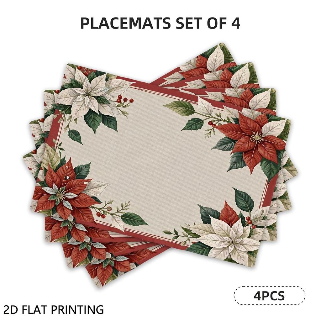 4pcs/6pcs, Christmas Poinsettia Border Table Mats, Placemats for Dining Table, Home Decoration, Suitable for Daily Holiday Kitchen Banquet Party Table