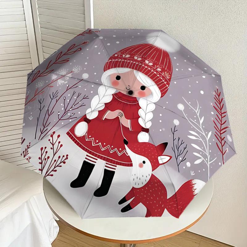 1PC Winter, Fox Automatic Open/Close Umbrella with Windproof, 8-Rib Sturdy Canopy, Durable Ribs, Fashionable Design, Outdoor Accessory, Fun Prin, Holi