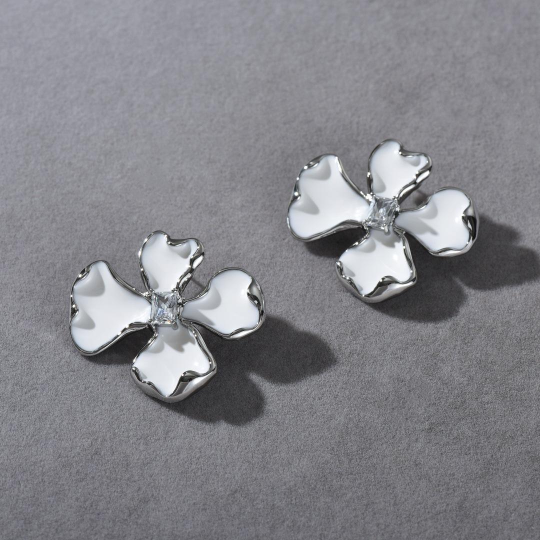 Niche Fashion Copper-Plated Platinum Drop Glaze Flower Inlaid Geometry Square Zircon S925 Silver Needle Stud Earrings Women