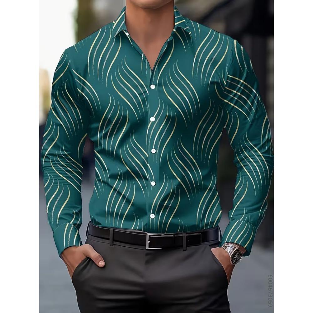 Men's Long Sleeved Shirt with an Irregular Collar and White Vertical Stripe Printed Top for Daily Commuting and Casual Wear
