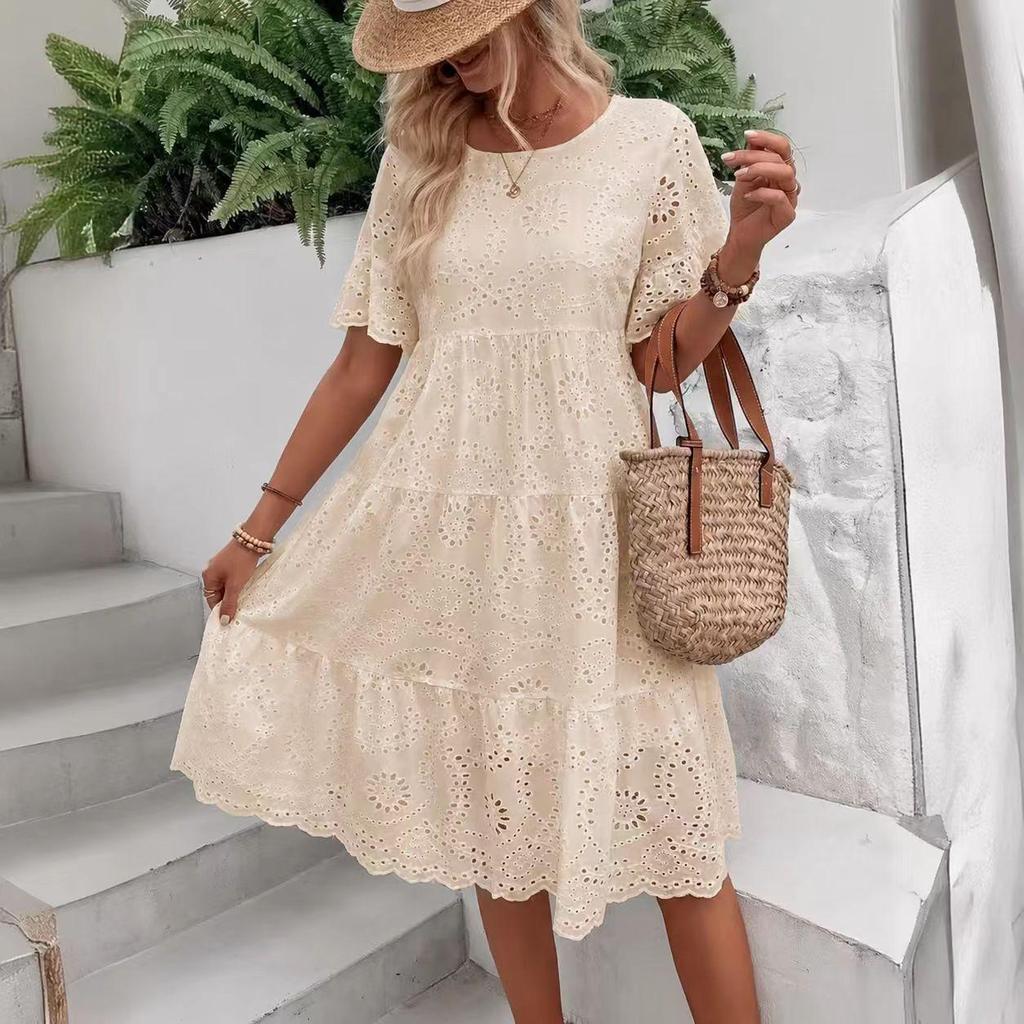 European Fashion 2025: Solid Color Cotton Embroidered Lace Dress