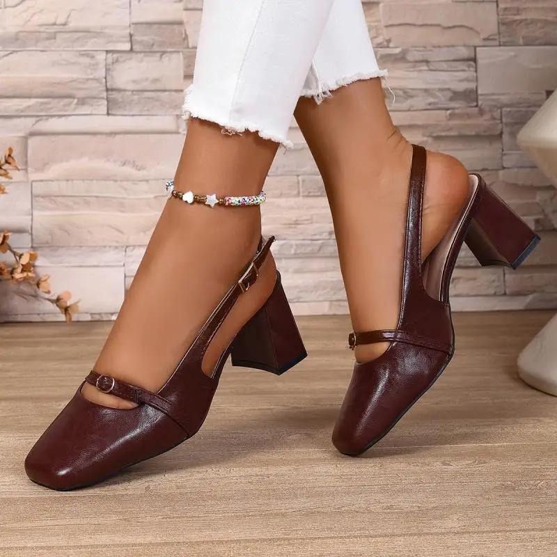 Fashion Retro Sling Back Pumps Women 2025 Summer Vintage Square Toe High Heel Pumps Elegant Metal Decoration Dress Party Sandals Women