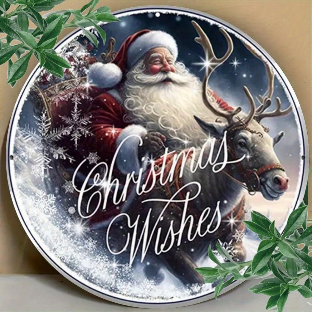 Santa Claus Sleigh Metal Wreath Sign Christmas Home Decor Round Wall Art