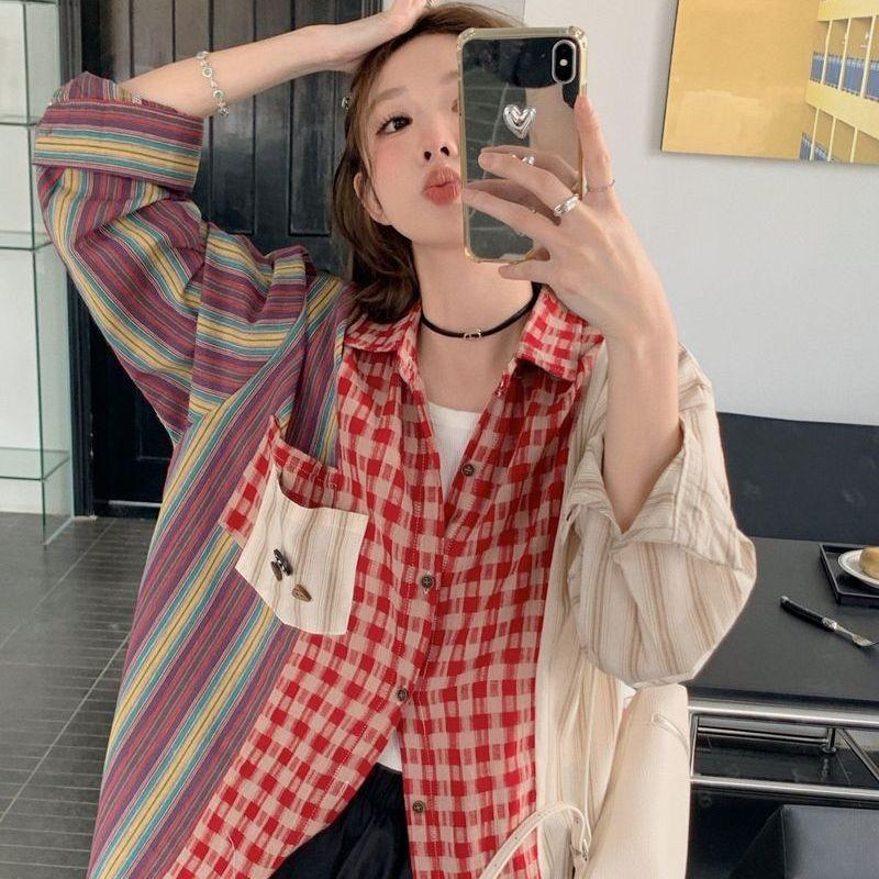 

Дизайн со вставками Женская клетчатая рубашка с длинным рукавом на одной пуговице Солнцезащитный топ Повседневные свободные универсальные рубашки с лацканами XXL